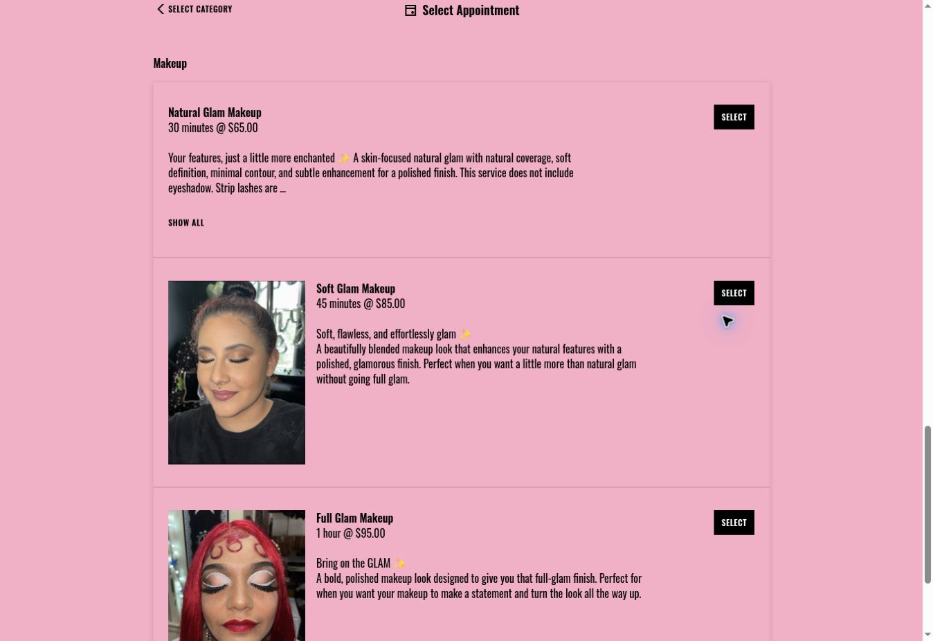 Makeup services with pricing, durations, and descriptions