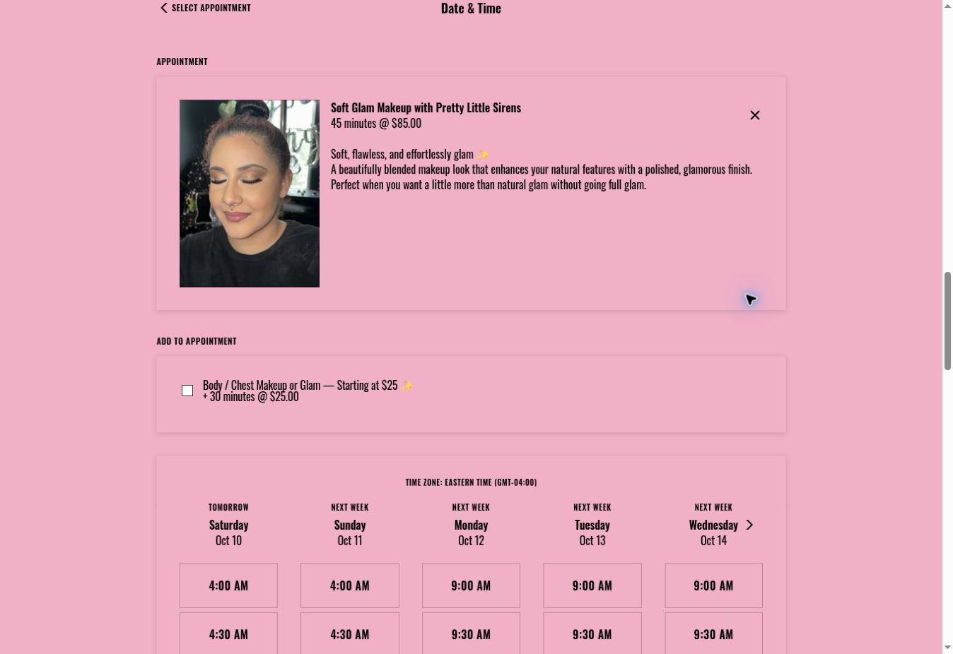 Optional add-on and appointment time selection