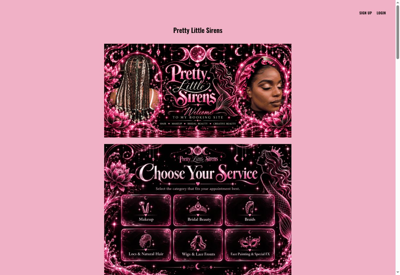 Pretty Little Sirens branded welcome banner in its Acuity booking site