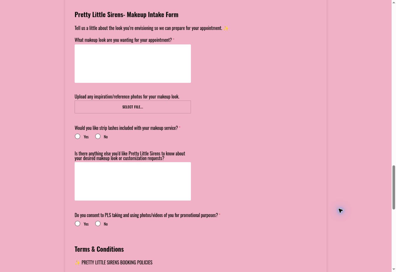 Makeup intake form with photo and video consent